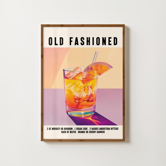 Old Fashioned Whiskey Cocktail Recipe In Cream Retro Style Poster