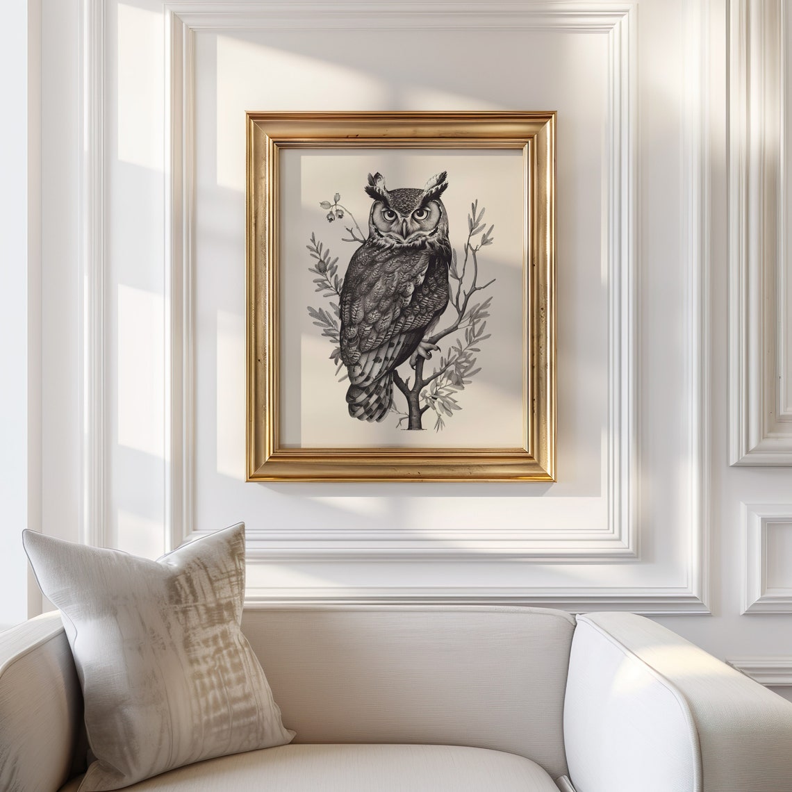 Vintage Gray Owl Engraving Rustic Branch Botanical Wall Art Decor - Image 2
