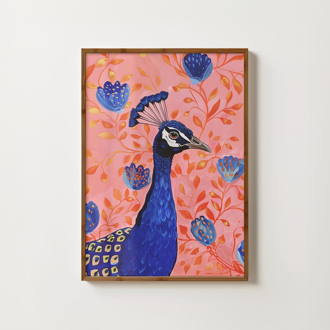 Blue Peacock Against Pink Floral Background Maximalist Bird Poster