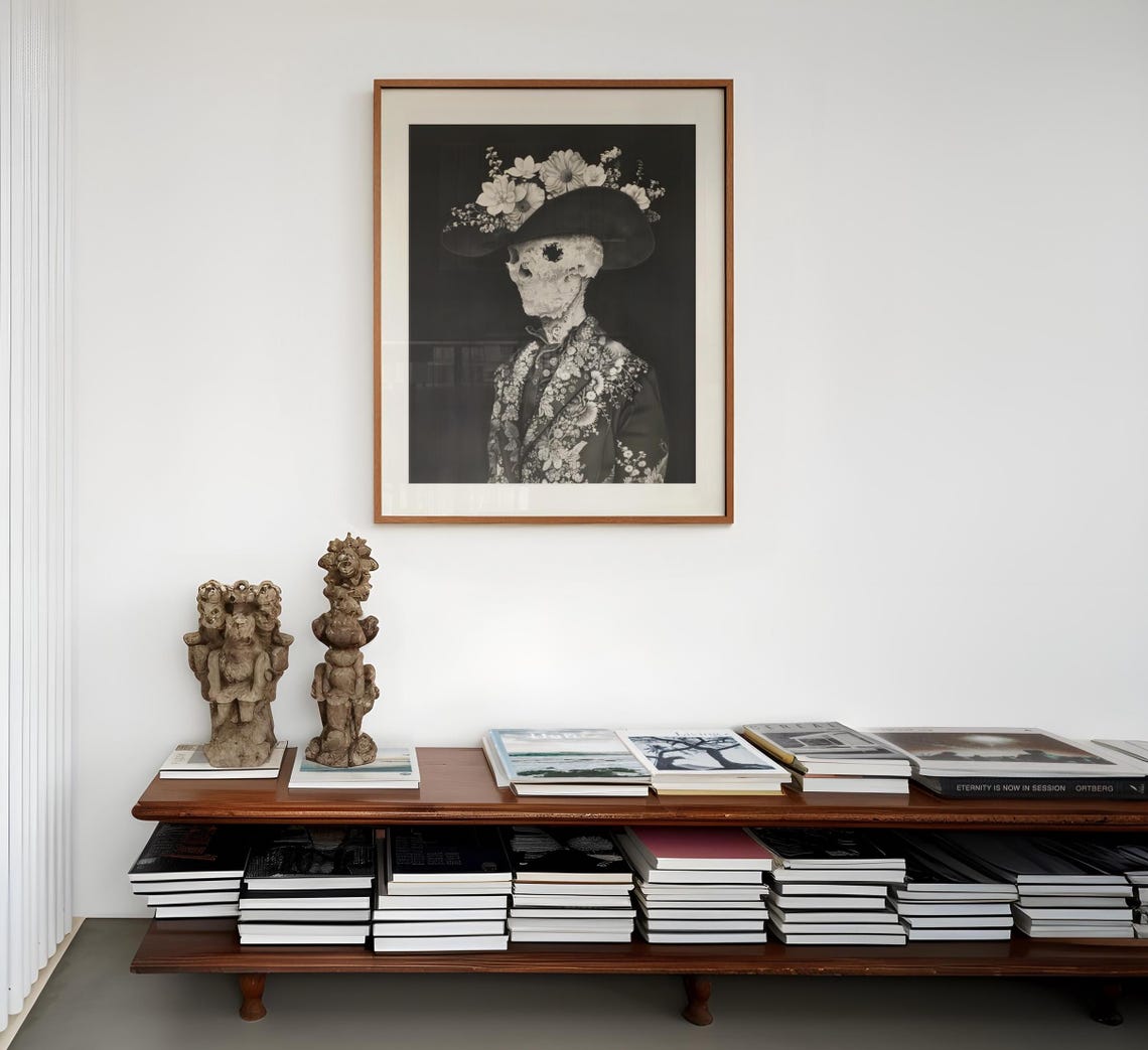 Skeleton Cowboy Hat With Flowers Gothic Black White Art Poster - Image 2