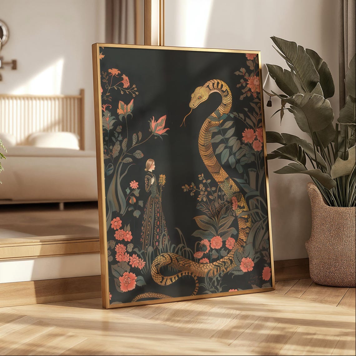 Golden Serpent And Lady Dark Jungle Floral Illustration Poster - Image 3