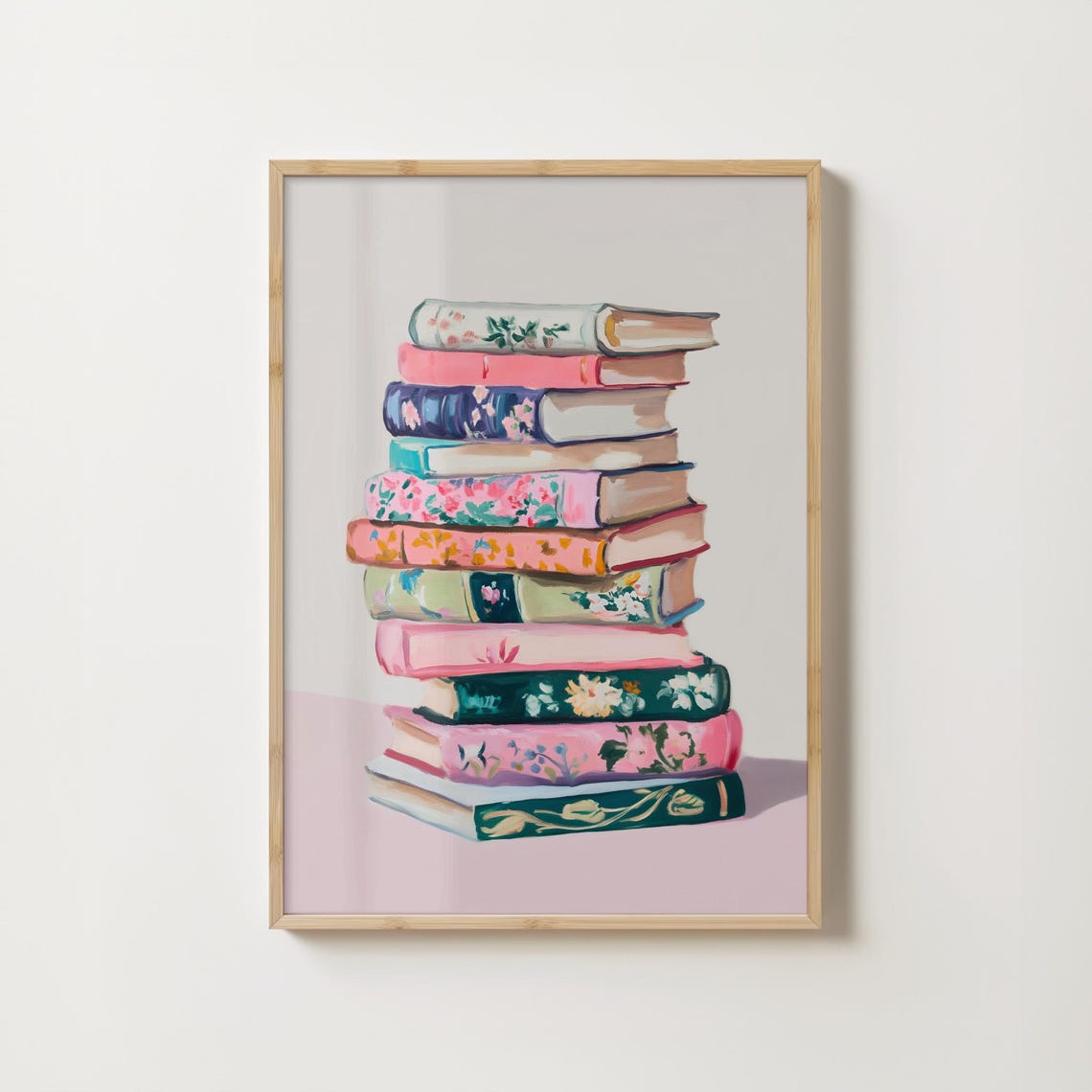 Pastel Floral Covered Book Stack Cozy Reading Nook Art Print