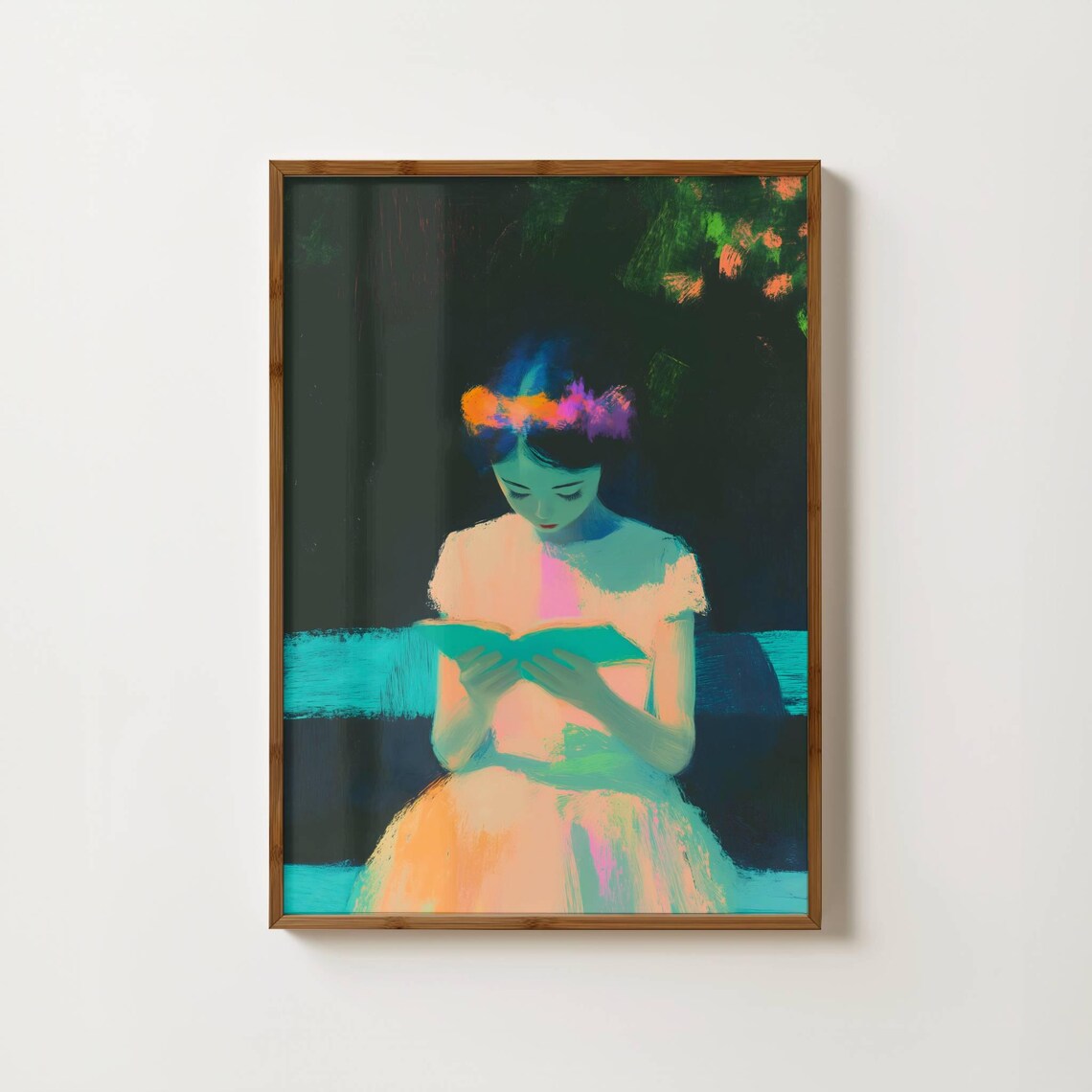 Young Woman Reading Book In Glowing Neon Night Garden Art Poster