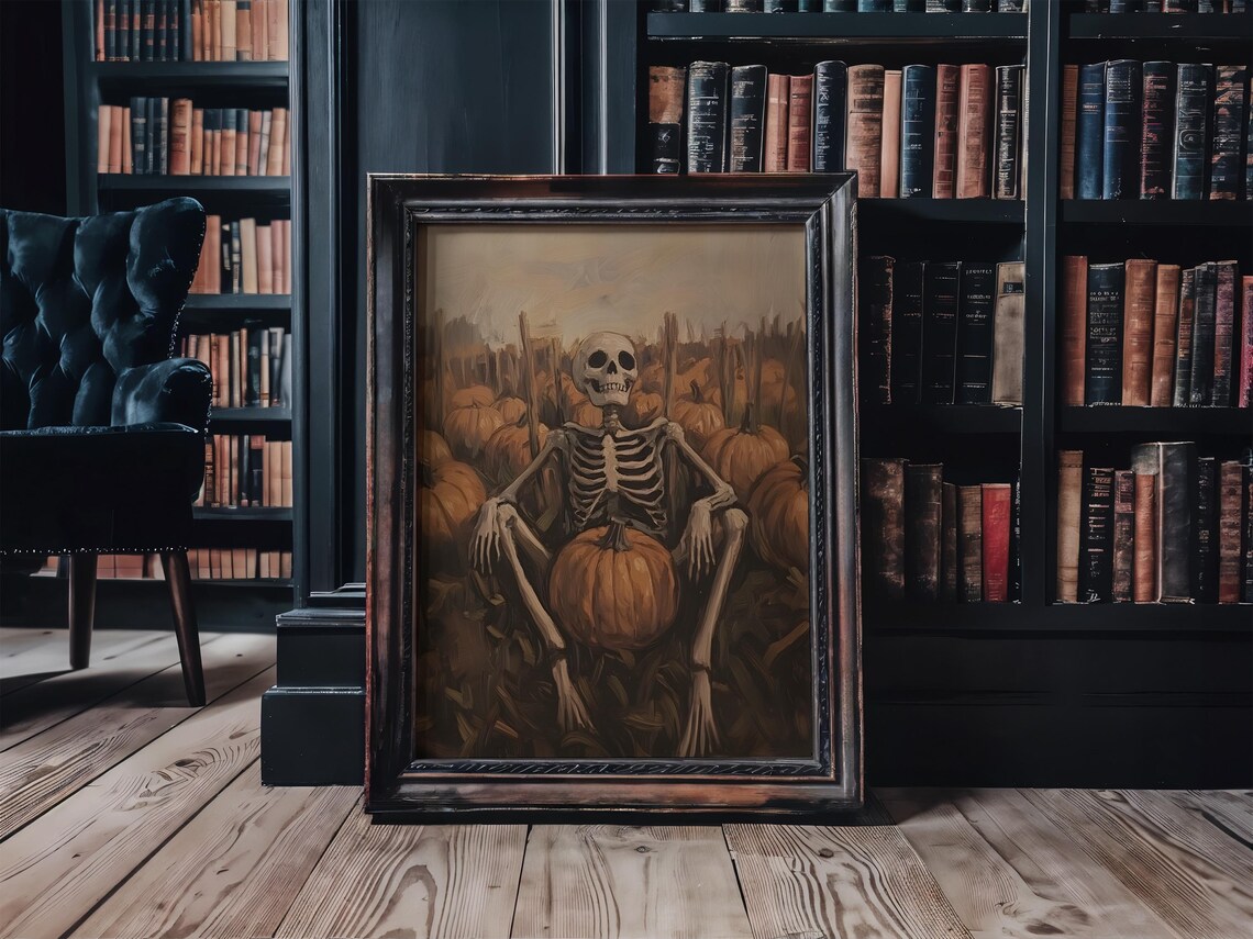 Pumpkin Patch Skeleton Resting Moody Vintage Halloween Oil Painting Poster - Image 2