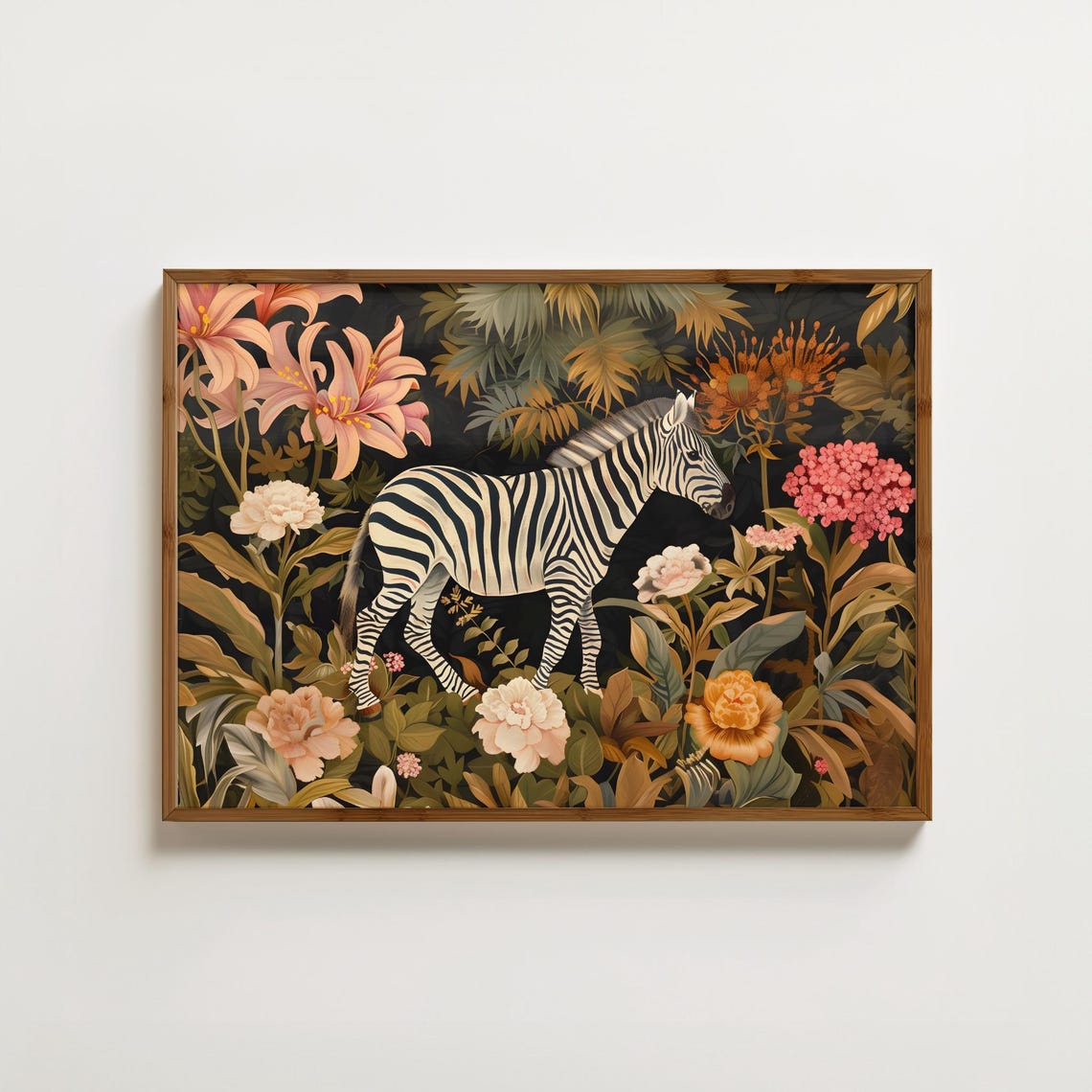 Zebra Among Tropical Flowers Dark Botanical Horizontal Art Print