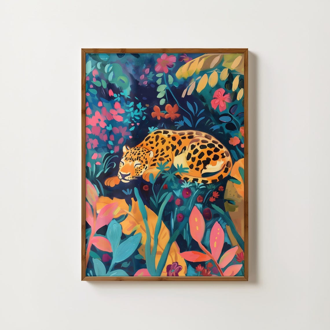 Sleeping Leopard In Midnight Floral Jungle Night Scene Poster