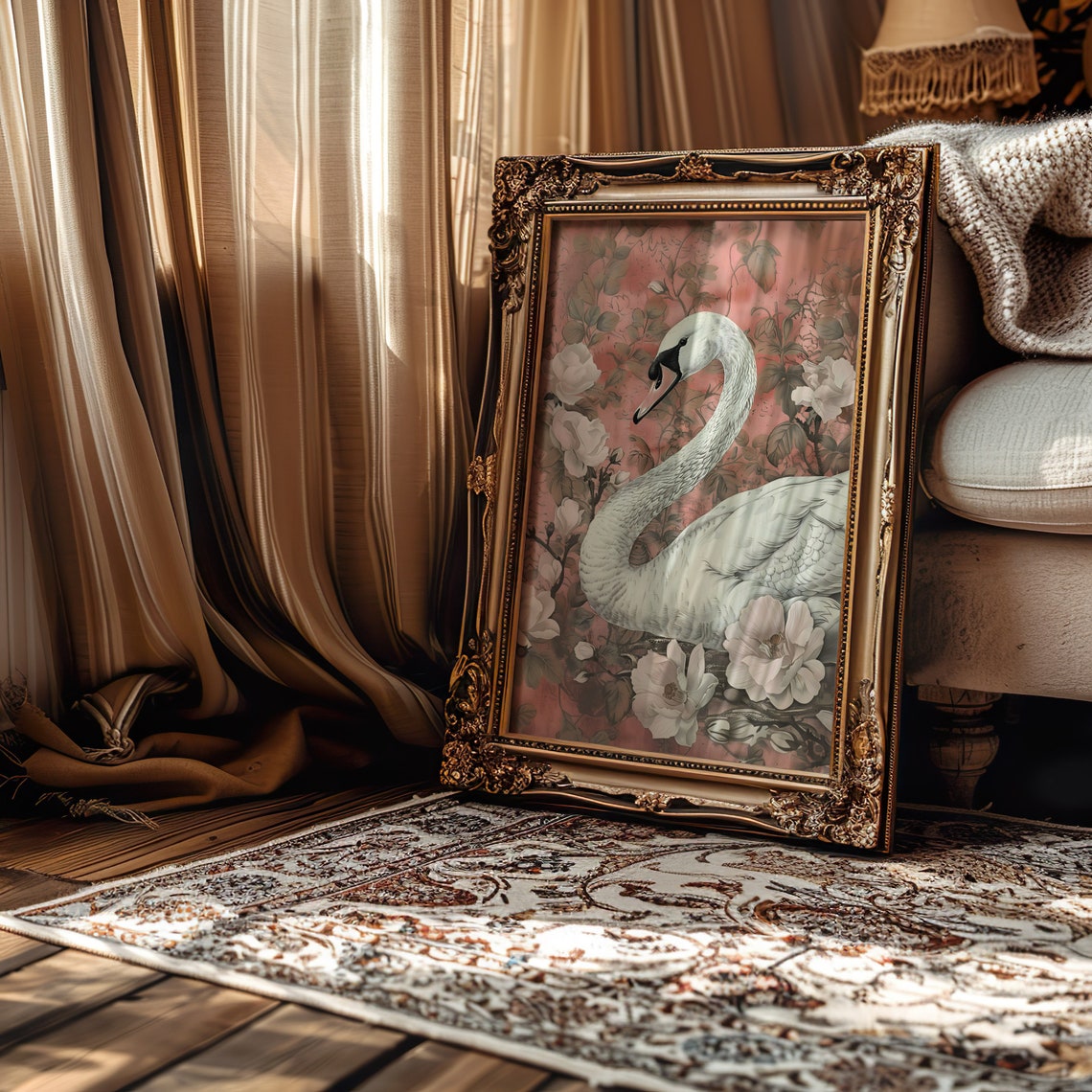 White Swan In S Pose Amid Blush Roses Vintage Floral Art Poster - Image 2