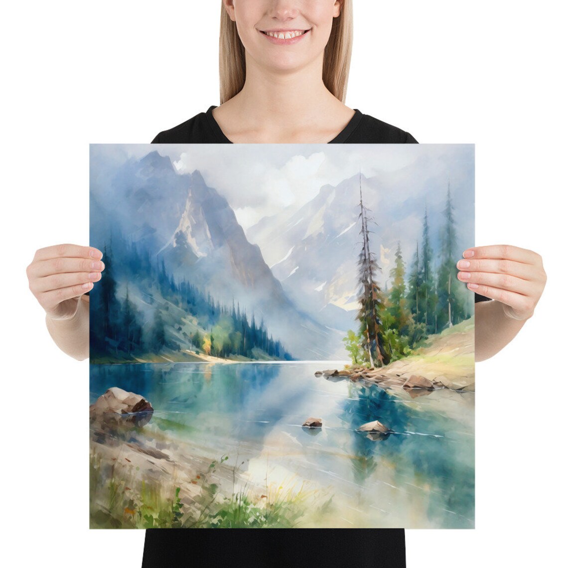 Alice Lake Idaho Mountain Landscape Watercolor Art Print - Image 3
