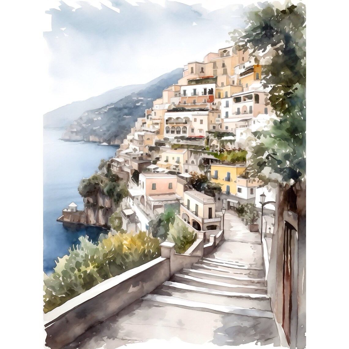 Positano Amalfi Coast Watercolor Travel Poster
