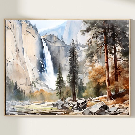 Granite Cliff Waterfall with Towering Pines and Autumn Trees Poster
