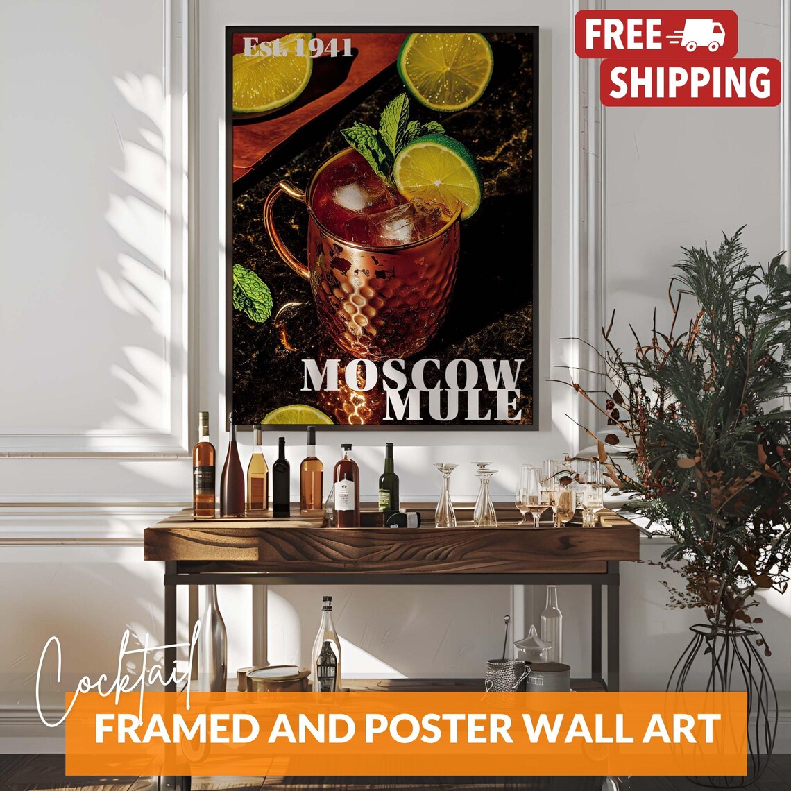 Vintage Moscow Mule Cocktail Art Print, Bar Decor