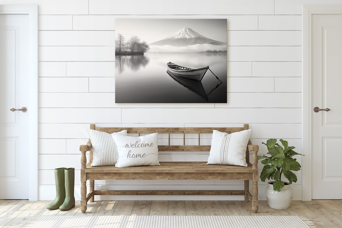Mount Fuji Calm Lake Japanese Mountain Boat Art Print - Image 2