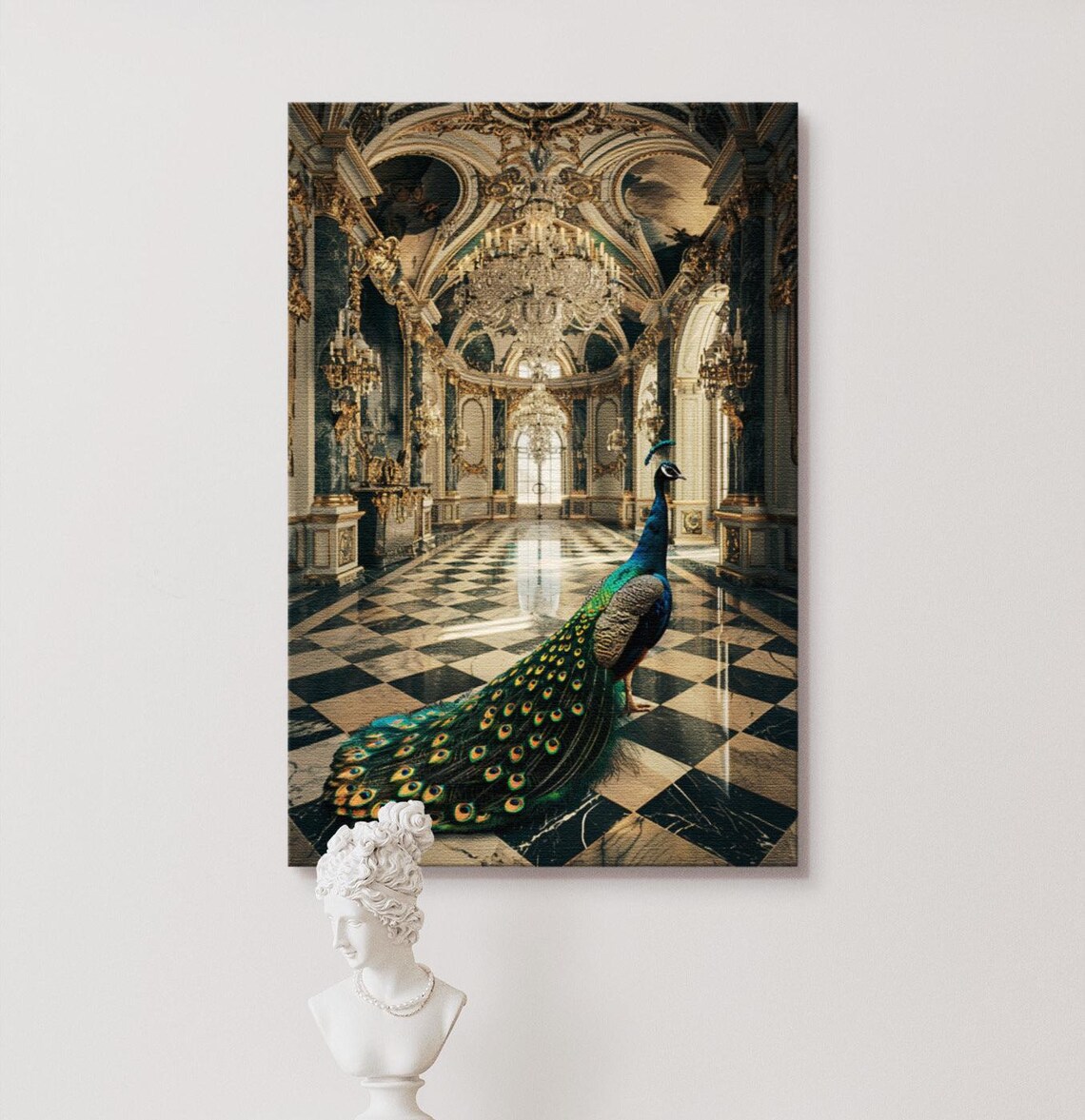 Peacock in a Palace, Regal Bird Wall Art Print
