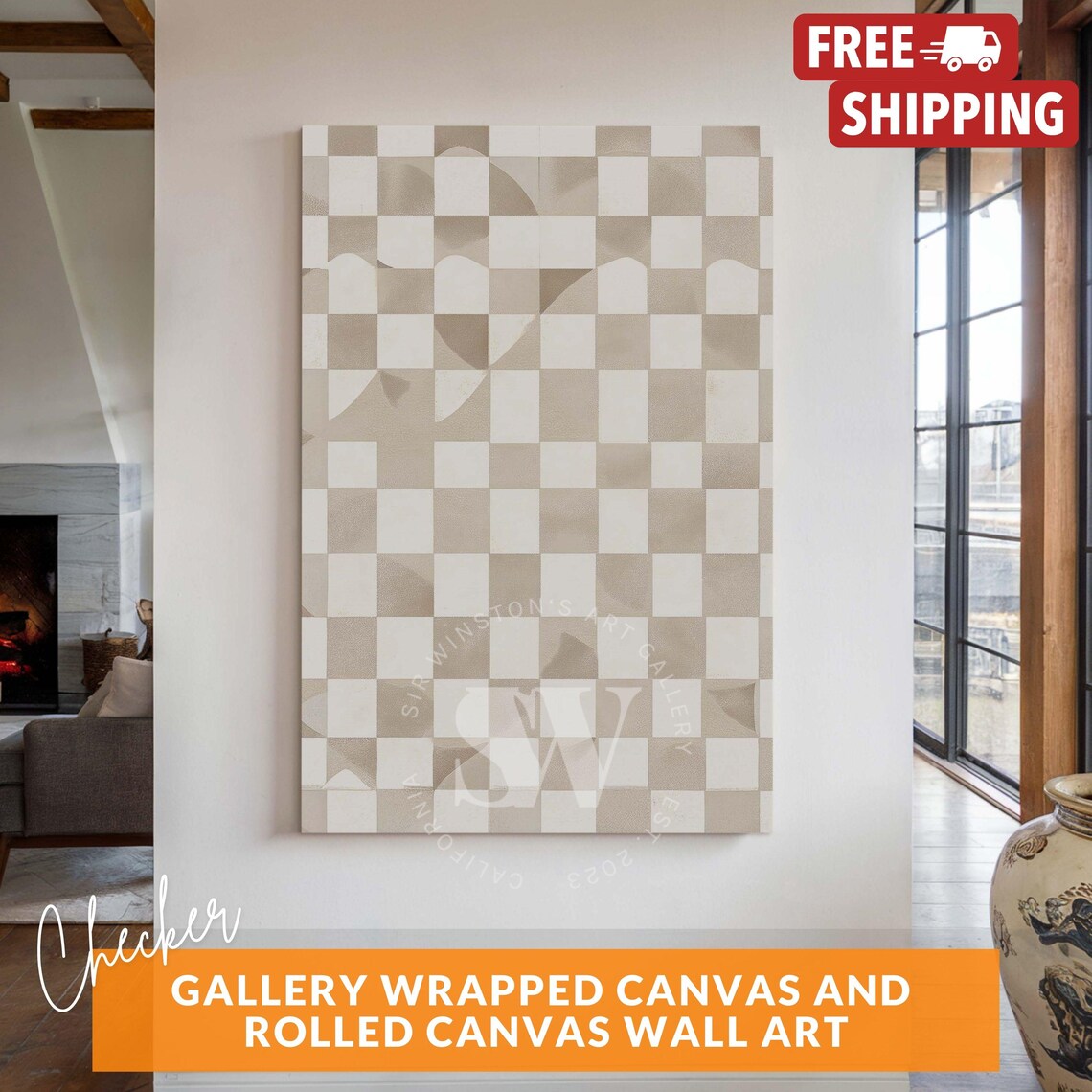 Beige Squares Checkered Abstract Geometric Art Print