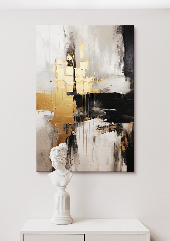 Gold Gray Black Abstract Painting, Living Room Decor