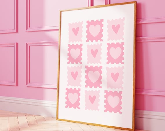 Pink Heart Postage Stamp Pattern Sweet Valentines Retro Collage Wall Art