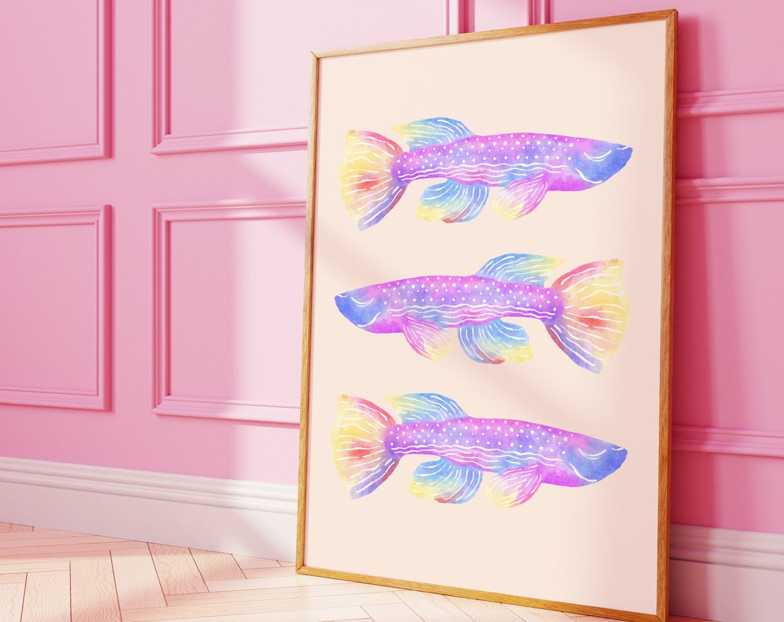 Watercolor Betta Fish Trio Purple Blue Yellow Fish Art Poster