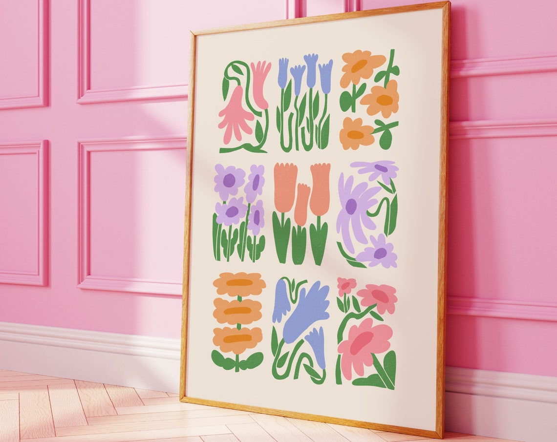 Retro Pastel Funky Nine Flower Grid Preppy Botanical Wall Poster
