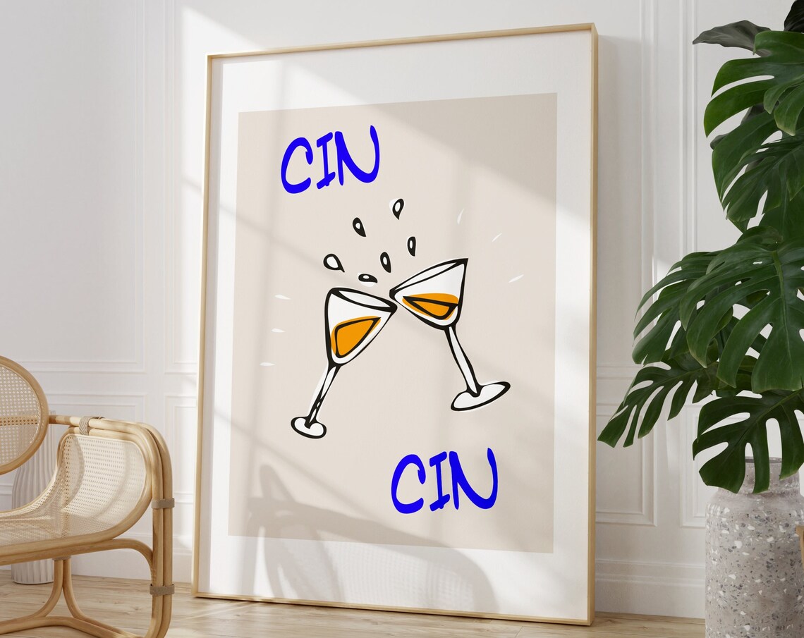 Cin Cin Cheers Cocktail Glasses Retro Bar Cart Kitchen Art Poster