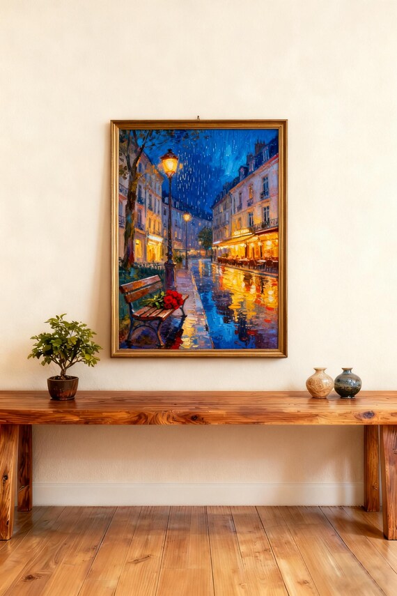 Romantic Rainy Night Paris Street Lamp Roses Impressionist Style Poster