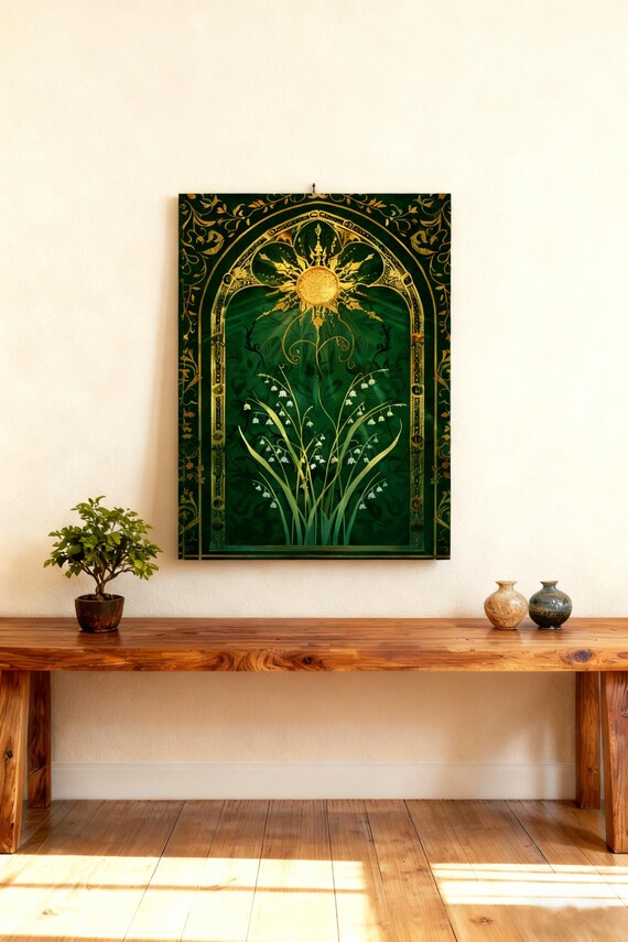 Golden Sun Lily Of The Valley Wall Art Mystical Botanical Canvas Gothic Green Print Spiritual Nature Poster Boho Home Decor