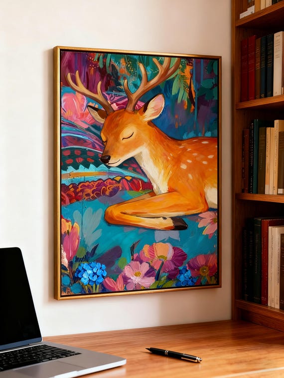 Colorful Sleeping Deer Wall Art Vibrant Floral Forest Painting Calm Nature Illustration Boho Home Decor Animal Print