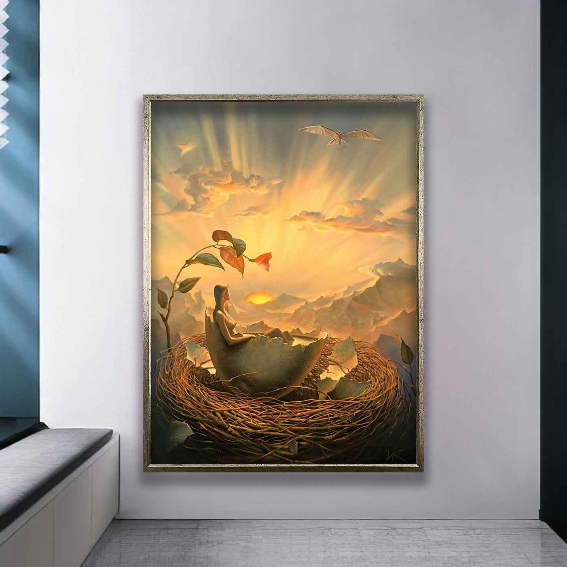 Woman Emerging from Eggshell Nest at Sunrise Dreamlike Art Poster - Image 3