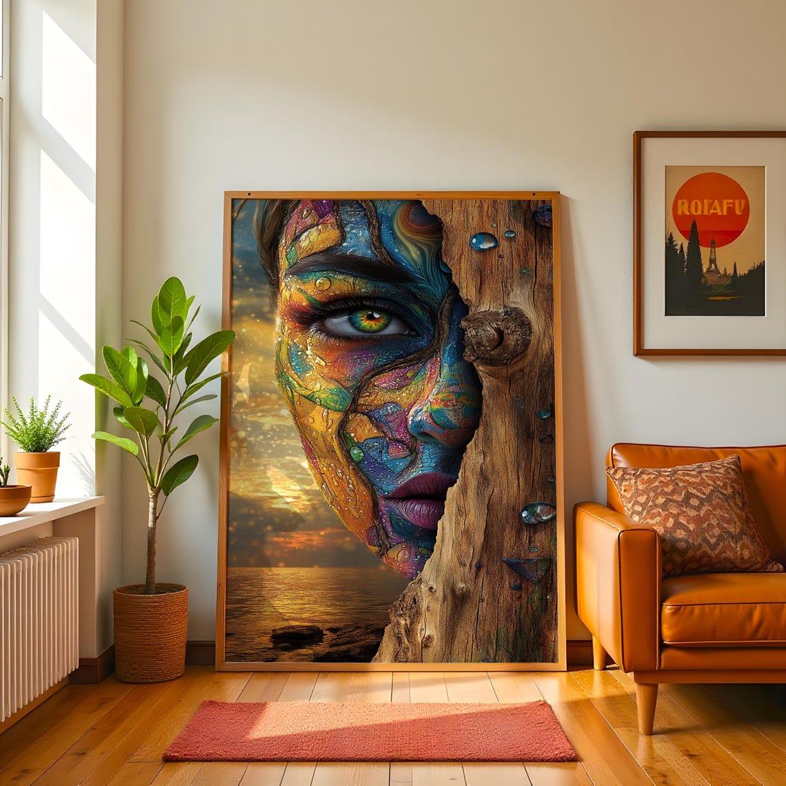 Surreal Woman Face Merging with Tree Bark Sunset Ocean Art Poster