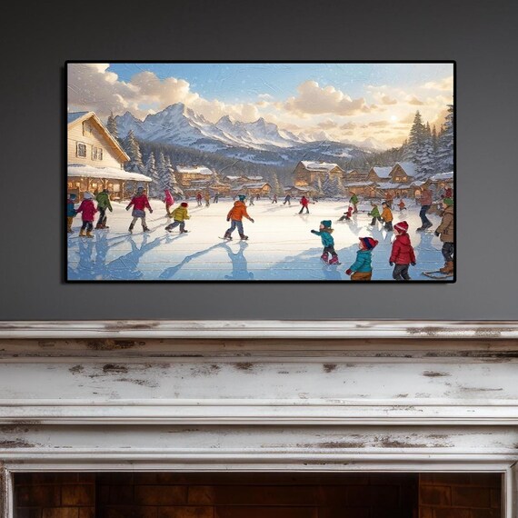 Ice Skating on a Frozen Pond in a Snowy Mountain Village Poster