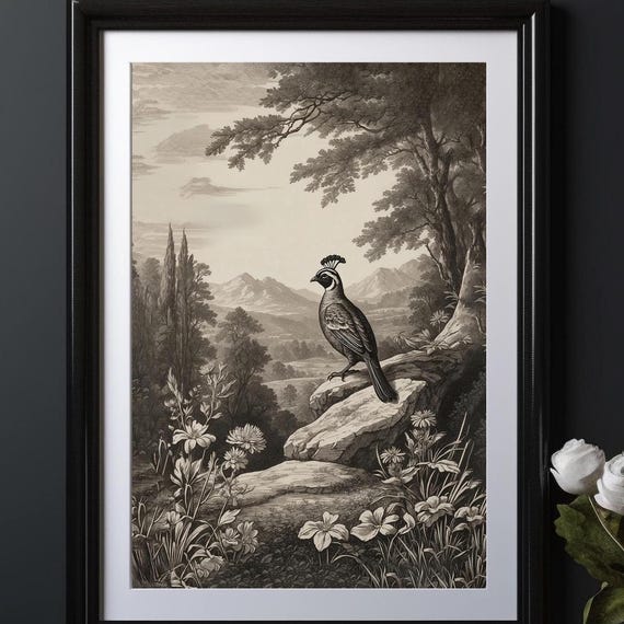 Sepia Quail In Mountain Landscape Vintage Art High Resolution Quick Gift Frameable