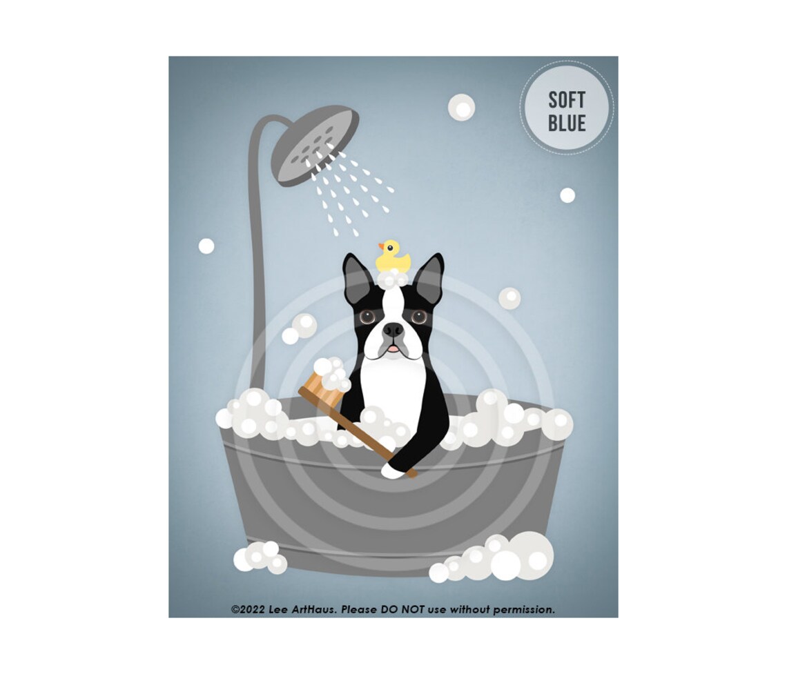 Boston Terrier Gray Metal Tub Shower Funny Bathroom Dog Art Poster - Image 2