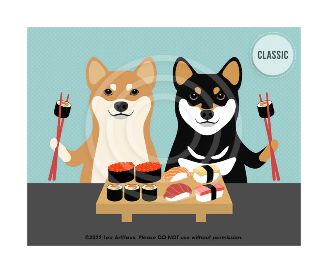 Two Shiba Inu Dogs Eating Sushi Chopsticks Japanese Food Pet Poster