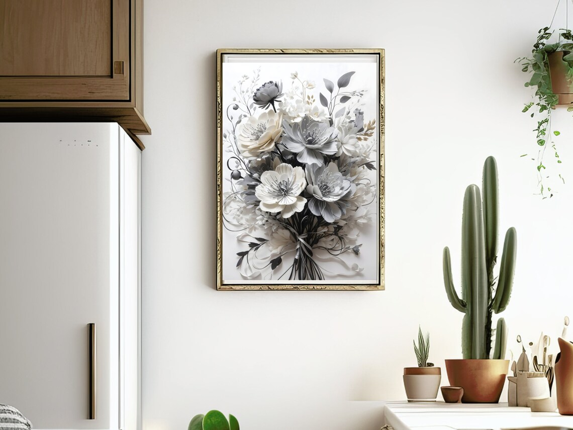 Gray and White Floral Bouquet Elegant Chic Monochrome Art Poster - Image 3