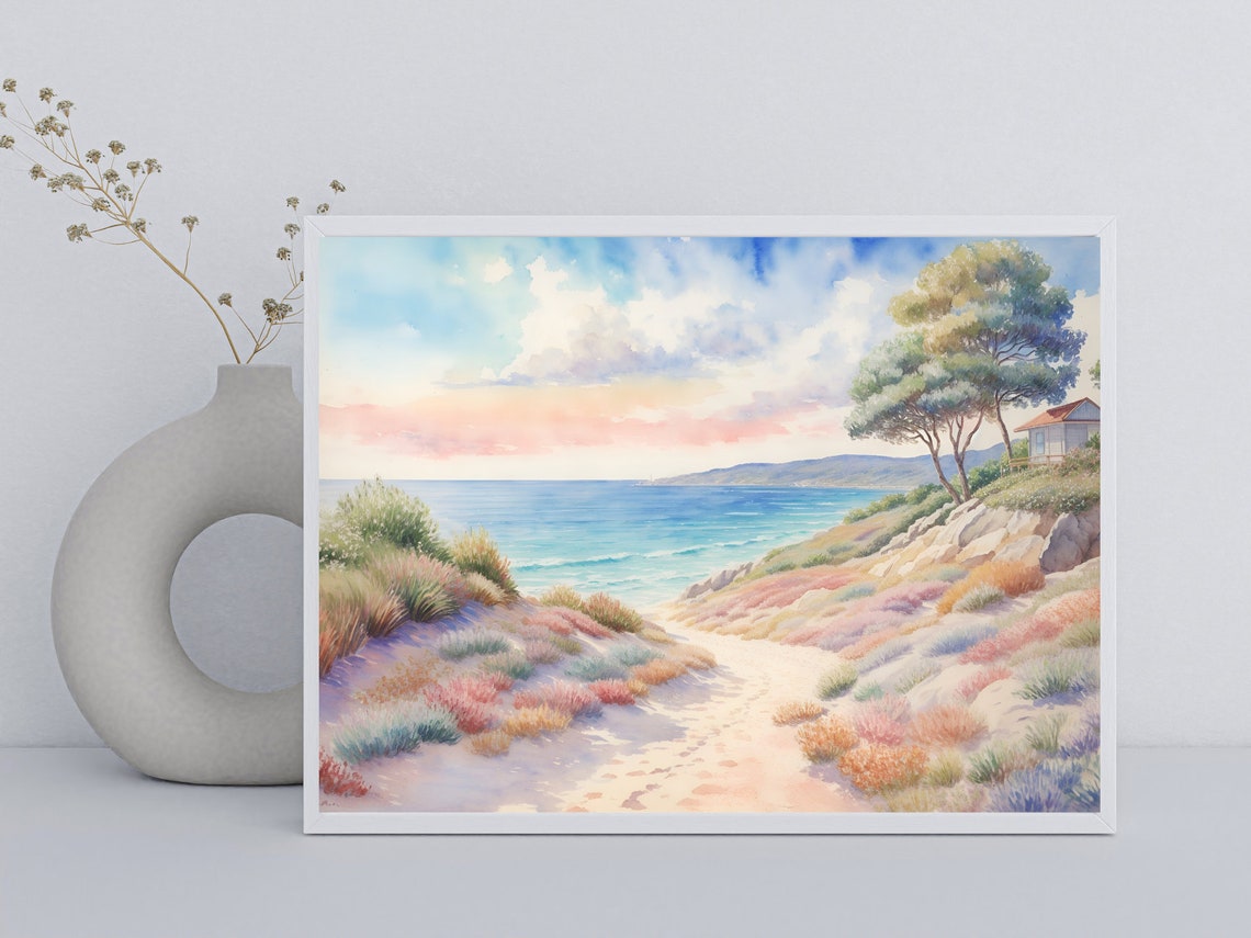 Pastel Beach Path Ocean Watercolor Coastal Landscape Art Poster - Image 2