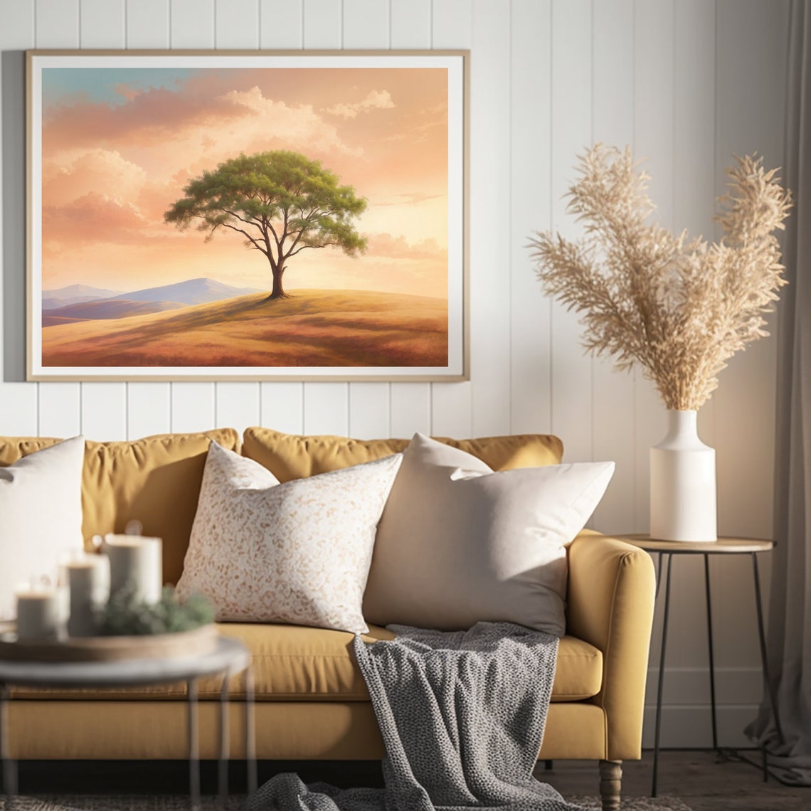 Lone Tree on Golden Hill Sunset Landscape Art Painting Poster - Image 3