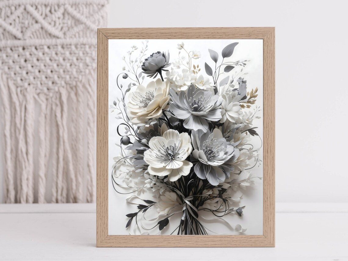 Gray and White Floral Bouquet Elegant Chic Monochrome Art Poster - Image 2