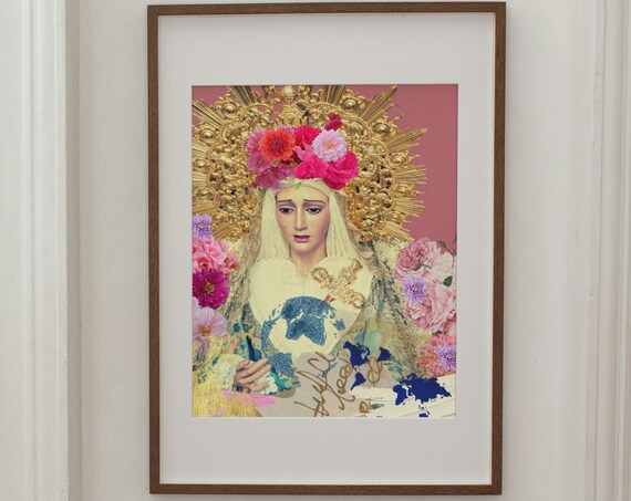Weeping Virgin Mary Floral Catholic Iconography Art Wall Poster