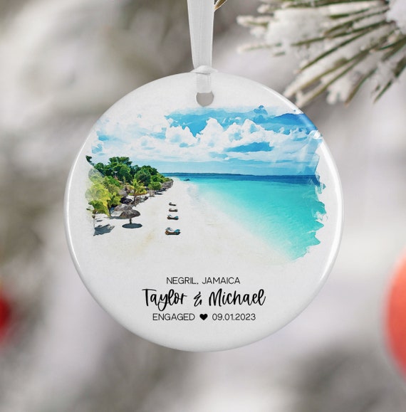 Personalized Negril Jamaica Christmas Ornament, Watercolor Travel Poster