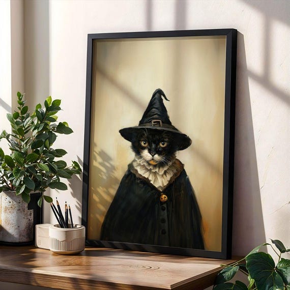 Witch Cat Halloween Print Gothic Black Art A4 Size Jpg Pdf