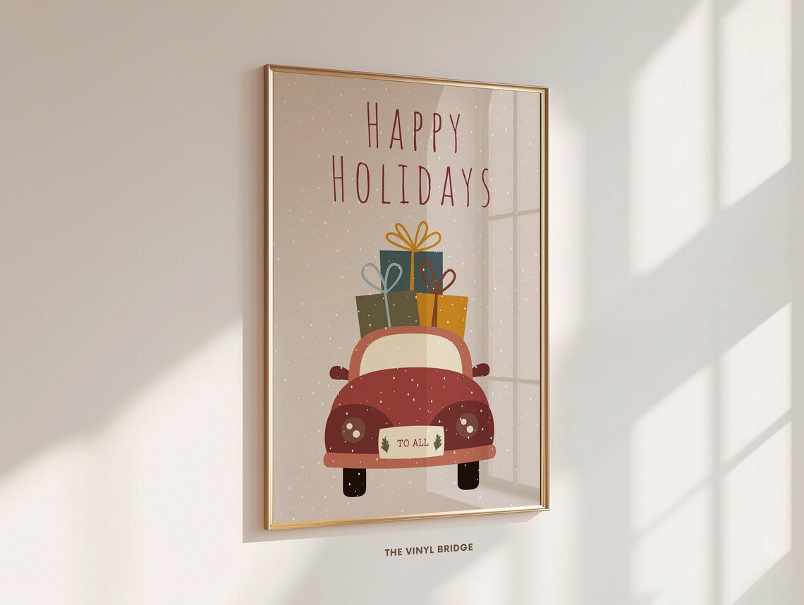 Happy Holidays Red Car Christmas Gifts Cute Snowy Wall Poster - Image 4