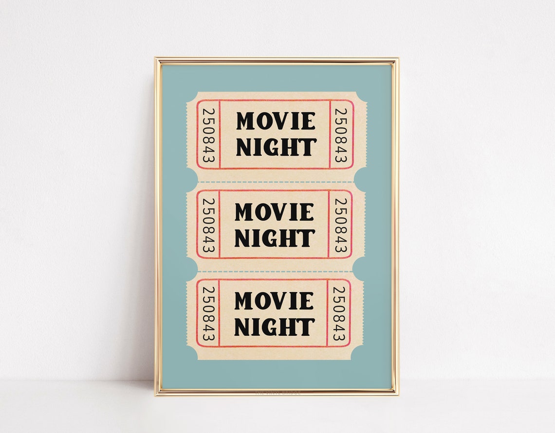 Movie Night Tickets Print Retro Cinema Film Green Blue Admission Stub Theater Room Home Decor Motion Pictures Wall Art