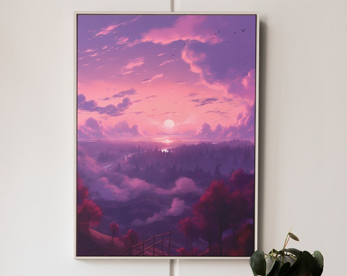 Purple Pink Pastel Sunset Over Misty Forest Lake Anime Poster