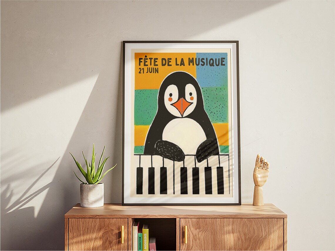 Retro Day of Music Penguin Poster, Vintage French Typography - Image 3