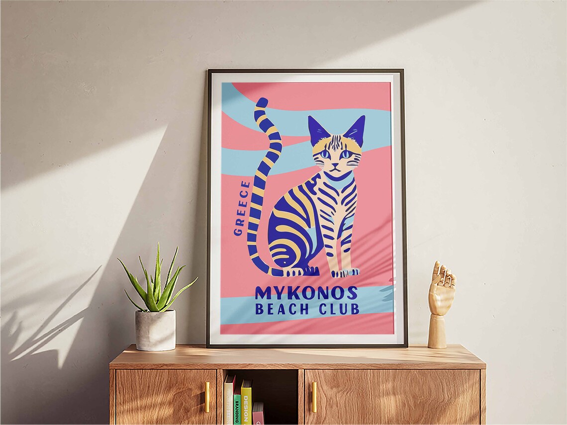 Mykonos Beach Club Greece Cat Colorful Retro Travel Wall Art - Image 3