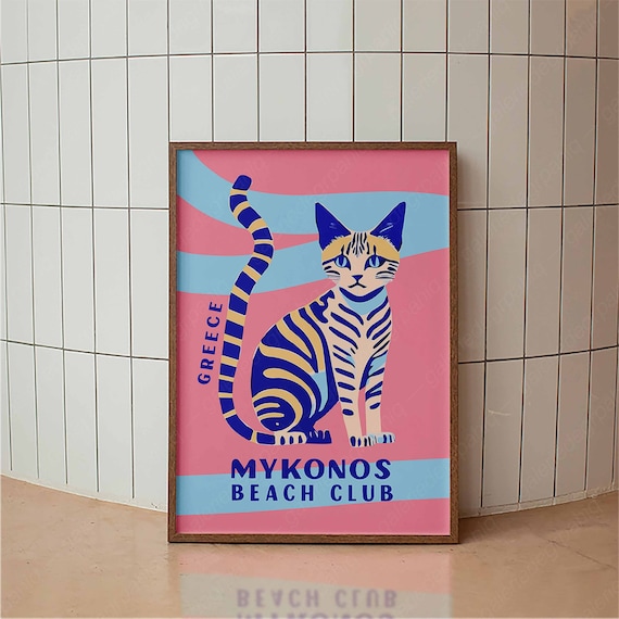 Mykonos Beach Club Greece Cat Colorful Retro Travel Wall Art