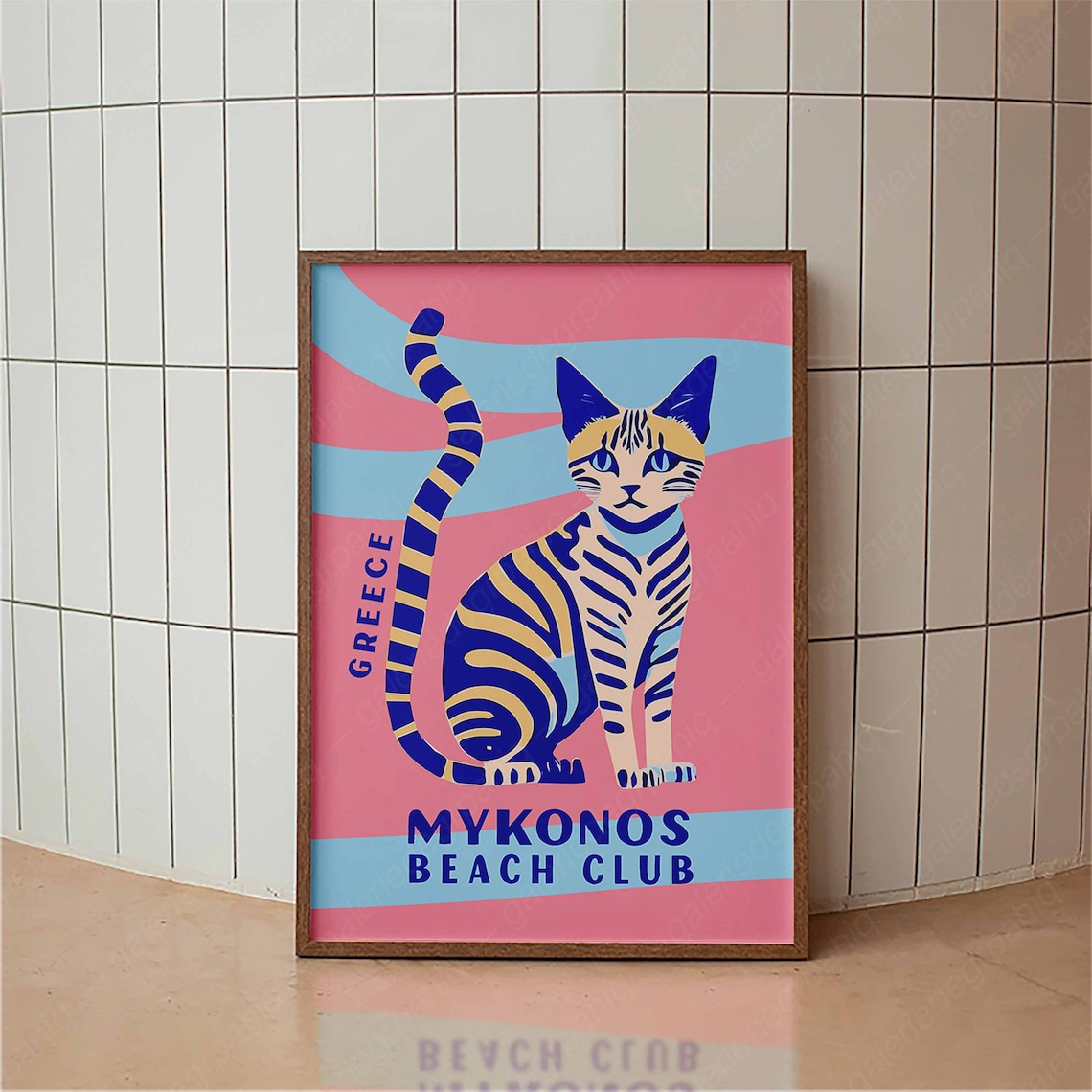 Mykonos Beach Club Greece Cat Colorful Retro Travel Wall Art