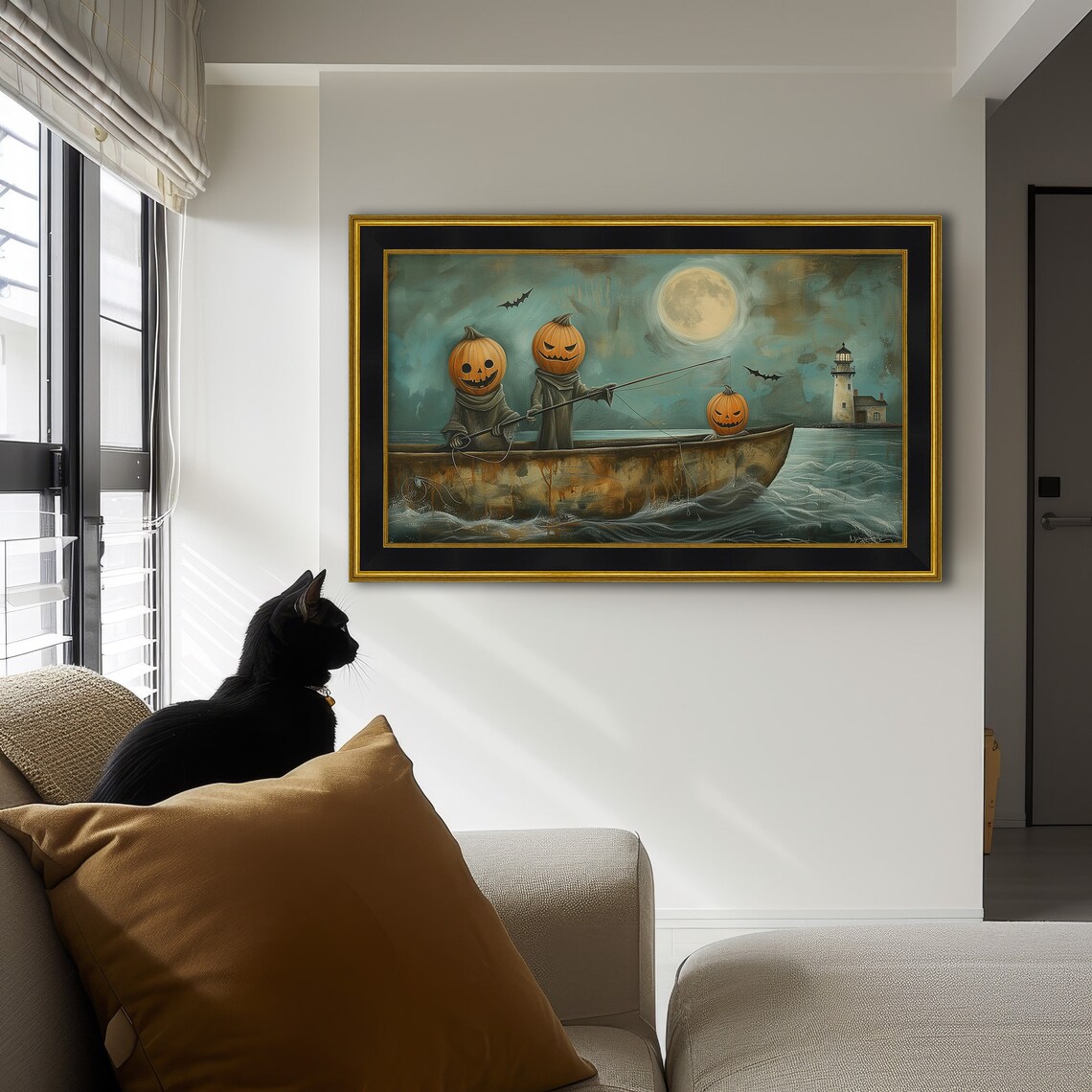 Halloween Pumpkin Heads Fishing Full Moon Art Print - Image 2