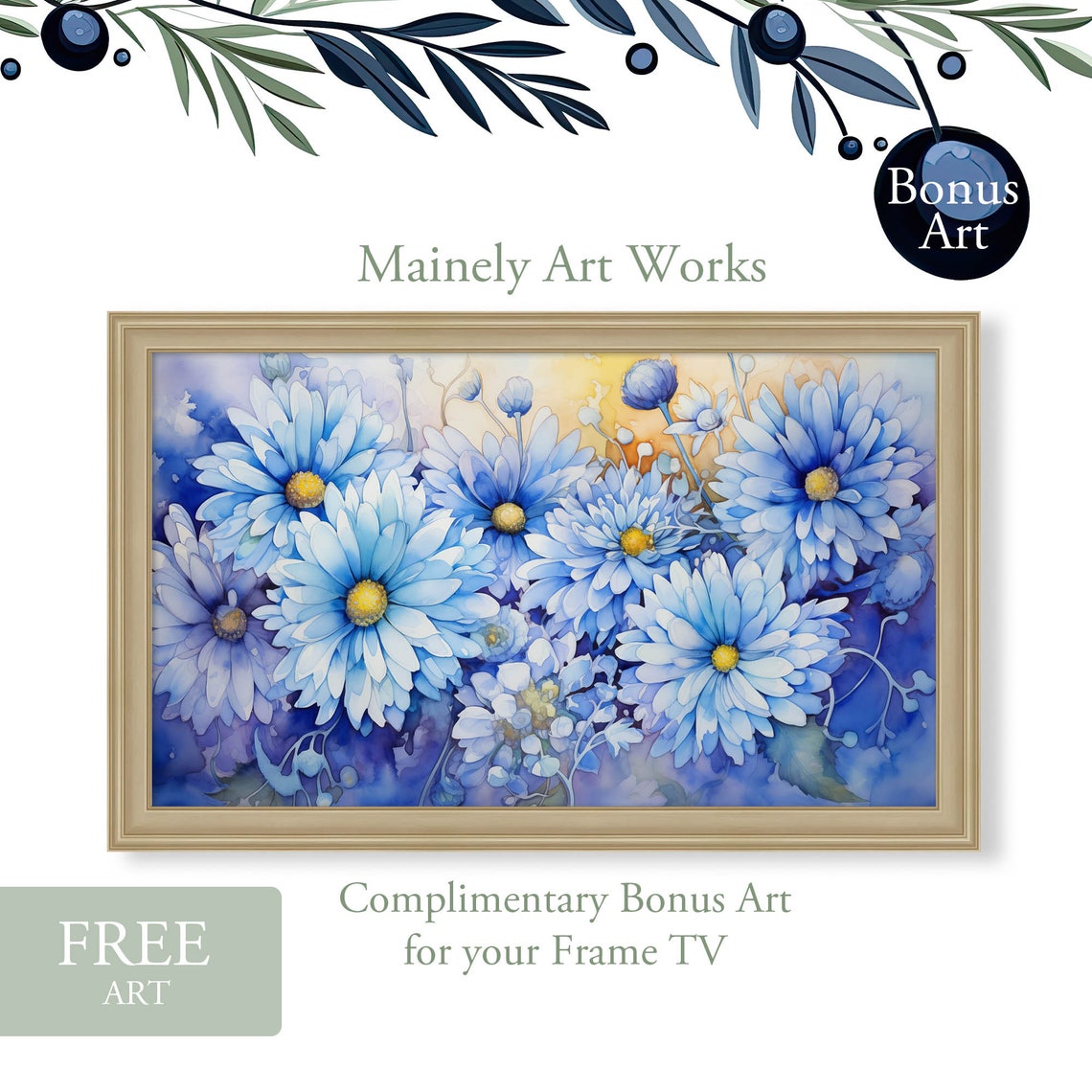 Yellow Daisy Wildflower Meadow Blue Watercolor Spring Poster - Image 2
