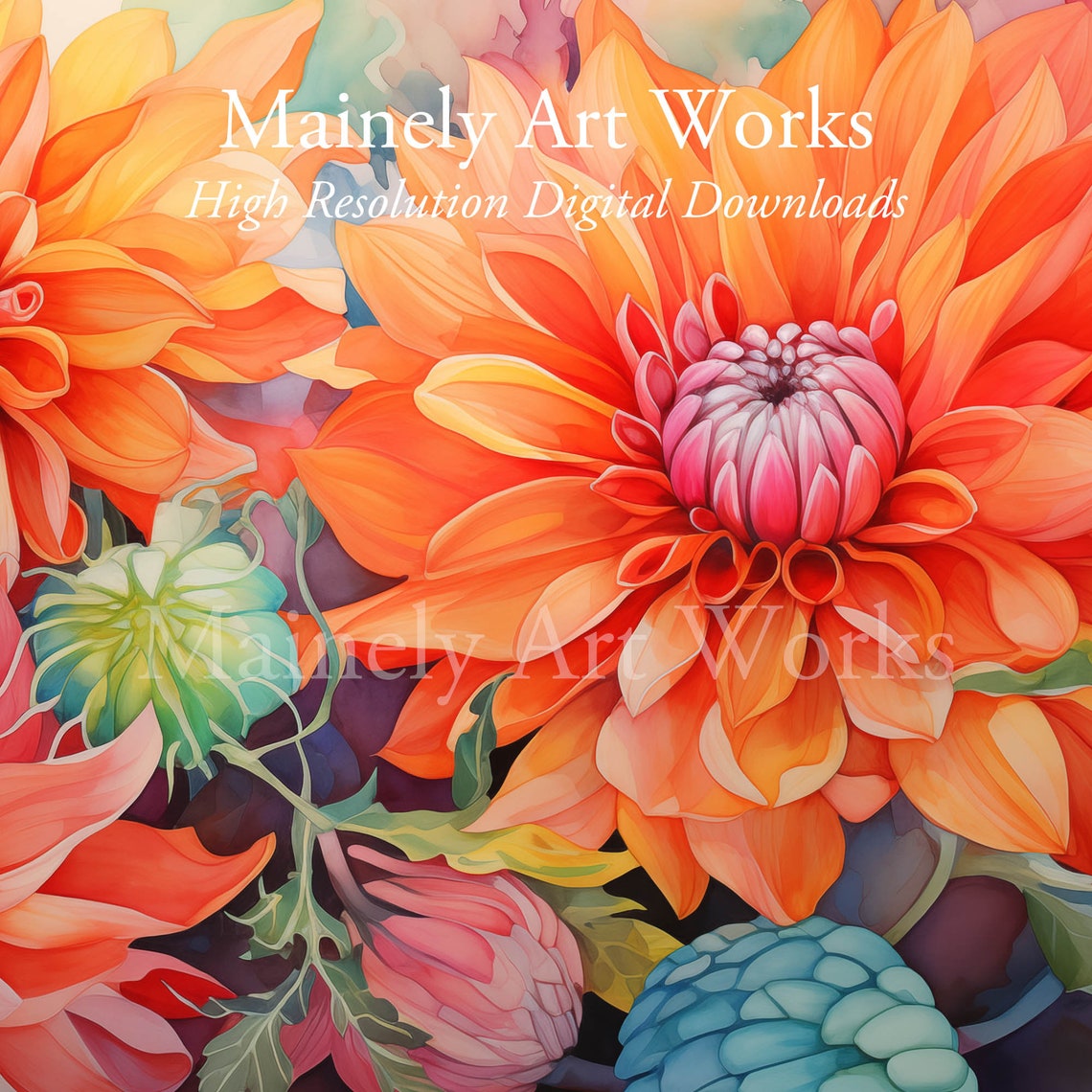 Orange Autumn Mum Bloom Dahlia Style Watercolor Floral Poster - Image 3