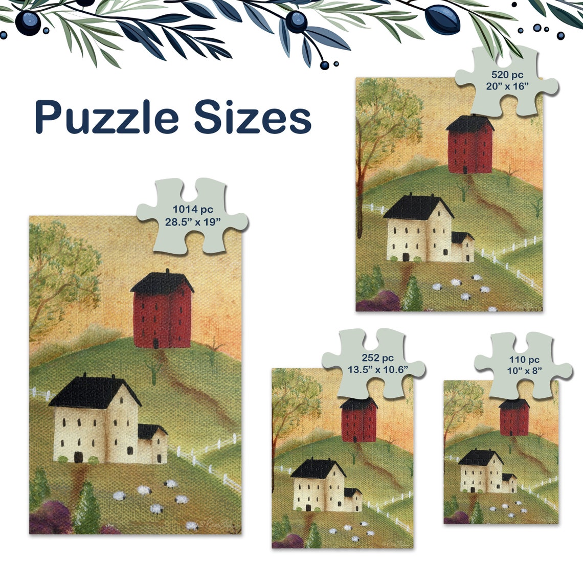 Primitive Folk Art Farmhouses And Sheep Pasture Jigsaw Puzzle Poster - Image 3